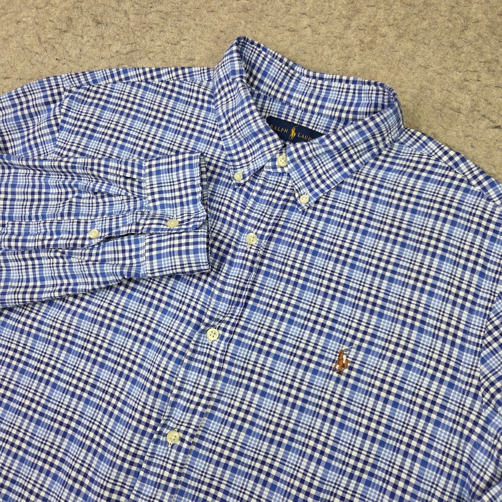 Ralph Lauren Classic Fit Shirt Mens XL Blue Glen Plaid Long Sleeve Button Flesh